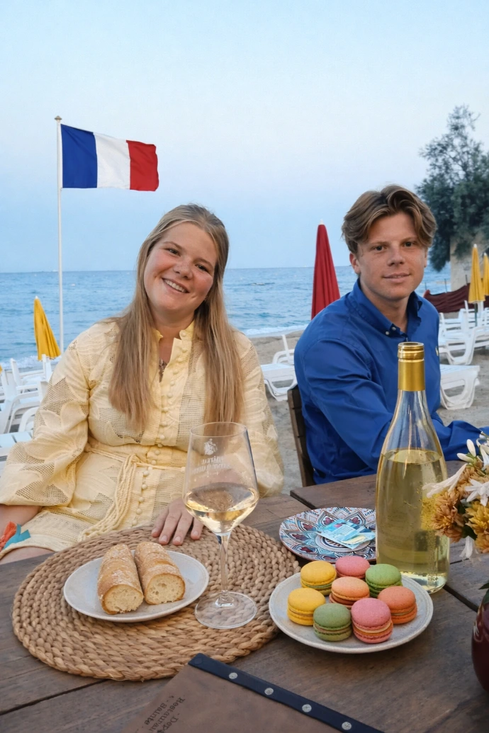 Ontdek de sfeer van Frankrijk met deze heerlijke selectie Franse snacks. Op de foto genieten twee vrienden aan zee van een glas witte wijn, macarons en vers stokbrood – typische Franse lekkernijen die perfect de charme van Frankrijk weergeven. Laat je inspireren door deze gezellige setting en ontdek zelf de lekkerste Franse snacks, ideaal om te proeven of als originele snack box.